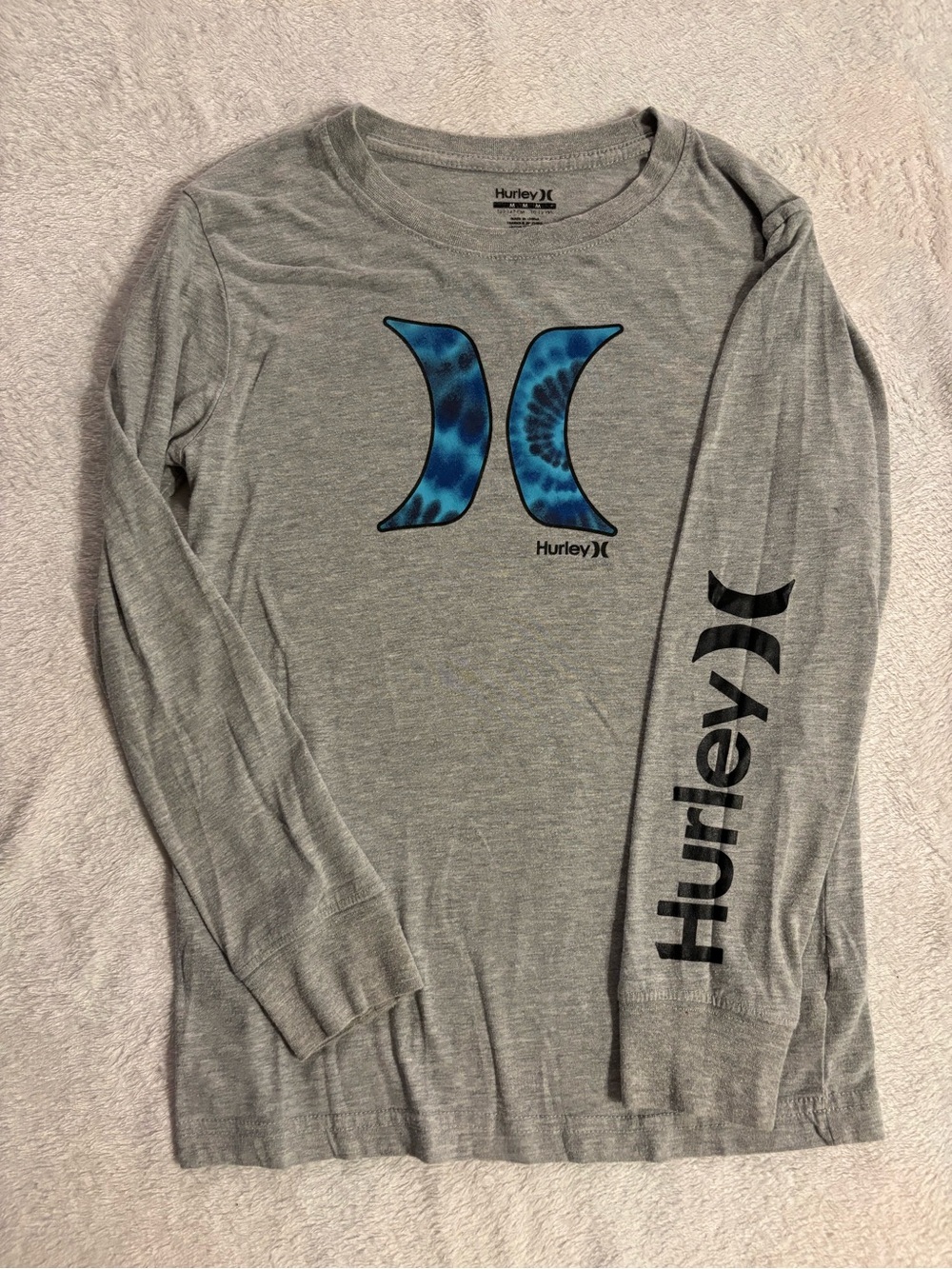 Hurley Heather Gray Long Sleeve Tee with Blue Graphic